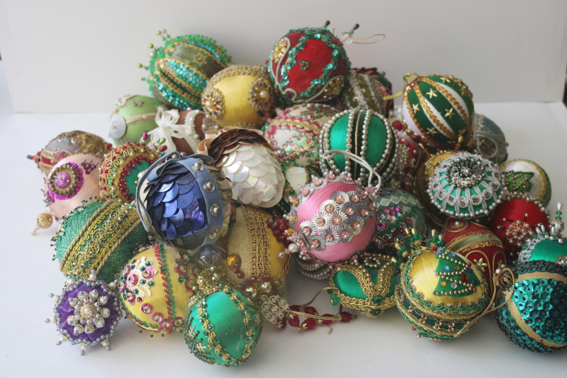photo of huge lot shabby vintage beaded sequin push pin jeweled balls etc 42 Christmas ornaments  #1