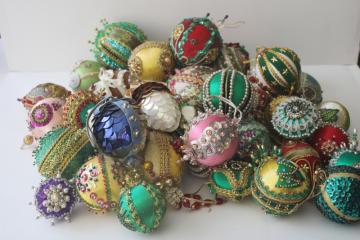 catalog photo of huge lot shabby vintage beaded sequin push pin jeweled balls etc 42 Christmas ornaments 