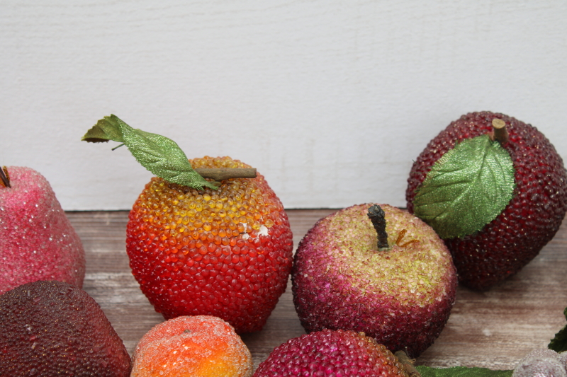 photo of huge lot sugared fruit, beaded frosted life size faux fruit and small ornaments for wreaths or garlands #3