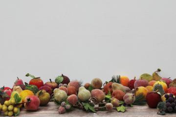 catalog photo of huge lot sugared fruit, beaded frosted life size faux fruit and small ornaments for wreaths or garlands