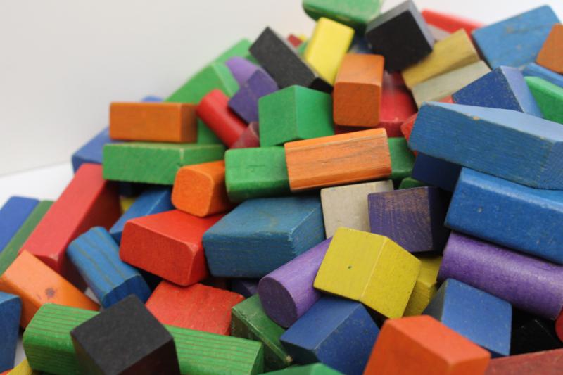 photo of huge lot vintage Playskool wood building blocks, 300 colored wooden blocks #3