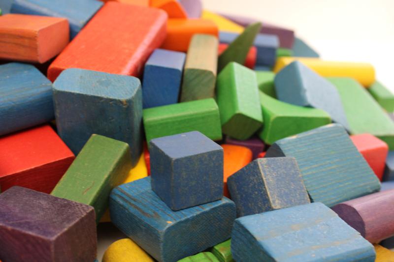 photo of huge lot vintage Playskool wood building blocks, 300 colored wooden blocks #4