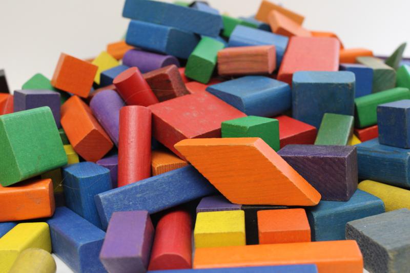 photo of huge lot vintage Playskool wood building blocks, 300 colored wooden blocks #6