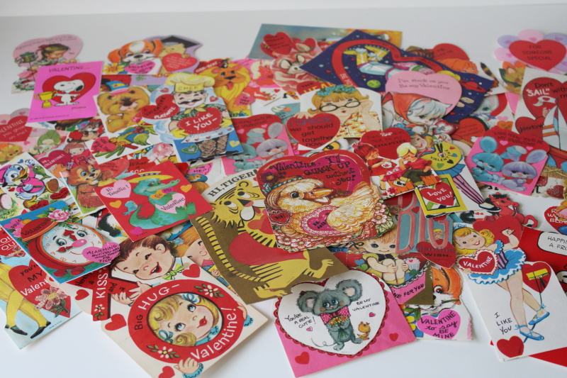 photo of huge lot vintage Valentines most 1970s school valentine cards, retro graphics holiday ephemera  #1