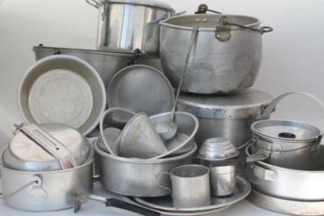 catalog photo of huge lot vintage aluminum pots & pans, camp kitchen cookware for camping, campfire cooking