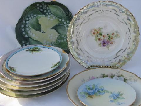 photo of huge lot vintage antique hand-painted flowers floral china plates, some signed #1