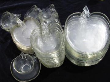 catalog photo of huge lot vintage apple shaped Orchard glass dishes, set for 12