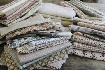 catalog photo of  huge lot vintage cotton quilting fabric, cool beige pale tan colors calico florals & prints 
