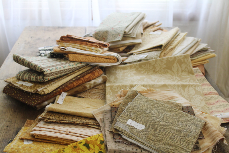 photo of  huge lot vintage cotton quilting fabric, warm tan golden brown colors calico florals & prints  #1