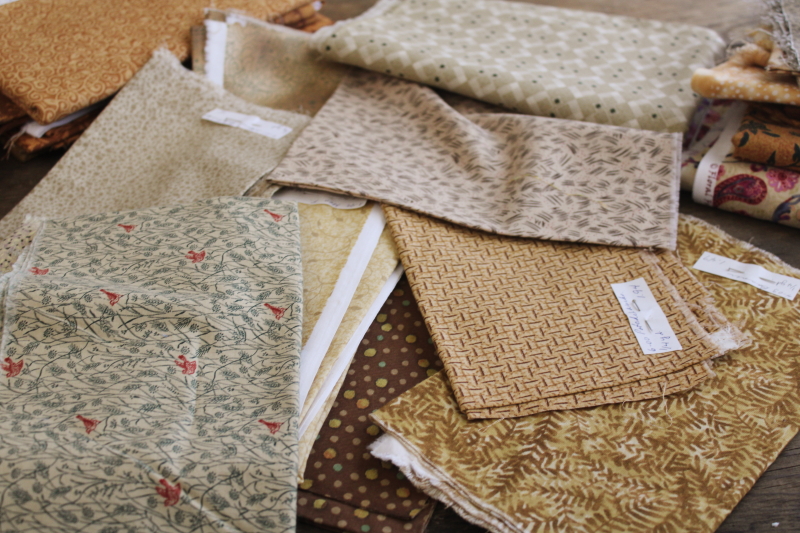 photo of  huge lot vintage cotton quilting fabric, warm tan golden brown colors calico florals & prints  #7