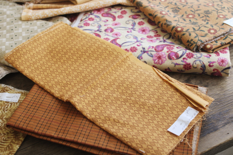 photo of  huge lot vintage cotton quilting fabric, warm tan golden brown colors calico florals & prints  #9