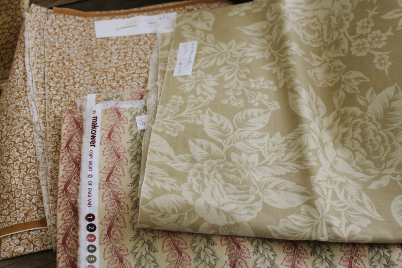 photo of  huge lot vintage cotton quilting fabric, warm tan golden brown colors calico florals & prints  #10