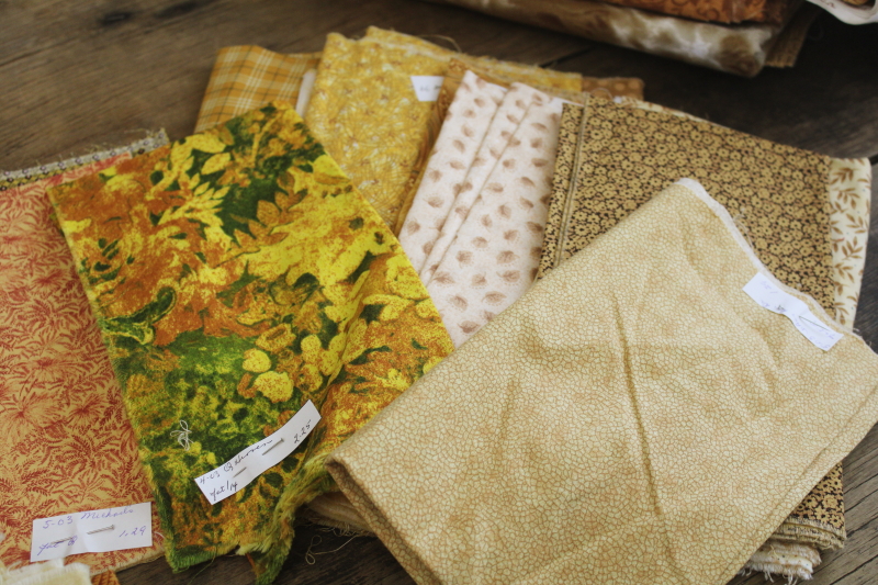 photo of  huge lot vintage cotton quilting fabric, warm tan golden brown colors calico florals & prints  #11