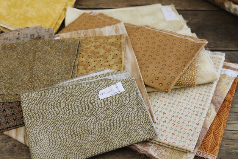 photo of  huge lot vintage cotton quilting fabric, warm tan golden brown colors calico florals & prints  #13