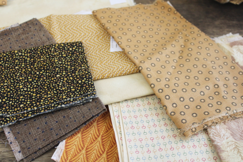 photo of  huge lot vintage cotton quilting fabric, warm tan golden brown colors calico florals & prints  #14