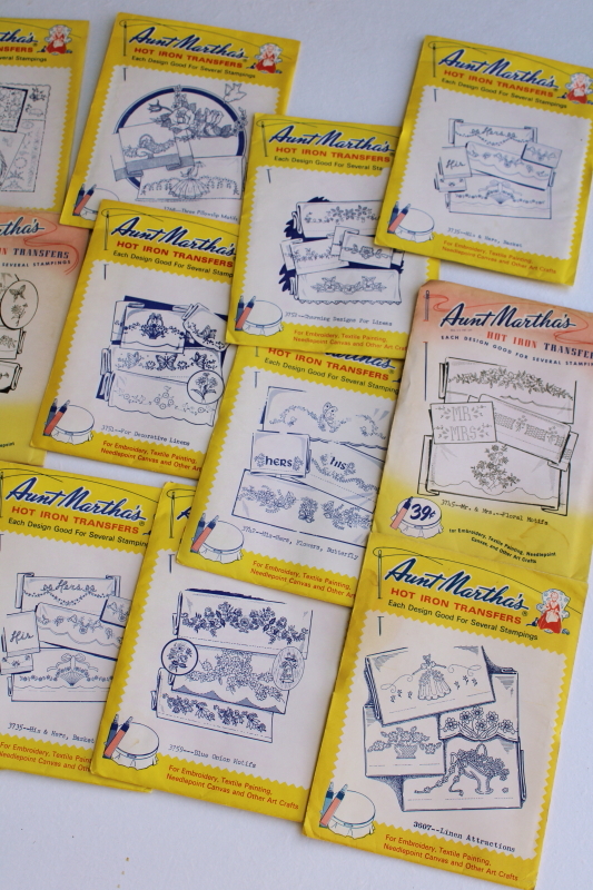 photo of huge lot vintage embroidery transfers, designs for pillowcases, linens, towels #5