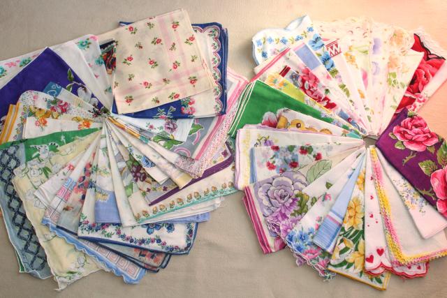 photo of huge lot vintage hankies w/ flower prints, 50 pretty printed cotton handkerchiefs #1