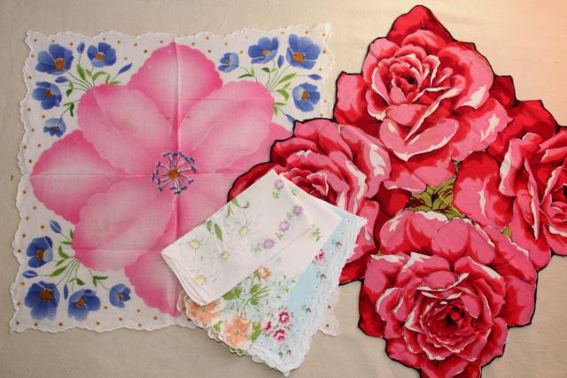 photo of huge lot vintage hankies w/ flower prints, 50 pretty printed cotton handkerchiefs #5