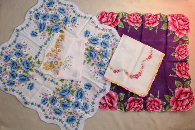 photo of huge lot vintage hankies w/ flower prints, 50 pretty printed cotton handkerchiefs #6