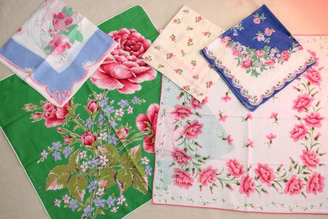 photo of huge lot vintage hankies w/ flower prints, 50 pretty printed cotton handkerchiefs #9