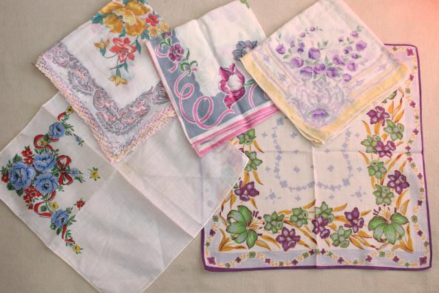 photo of huge lot vintage hankies w/ flower prints, 50 pretty printed cotton handkerchiefs #10