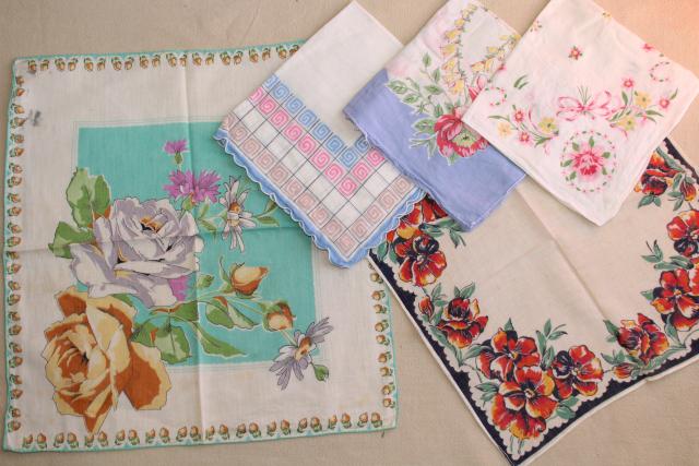 photo of huge lot vintage hankies w/ flower prints, 50 pretty printed cotton handkerchiefs #11