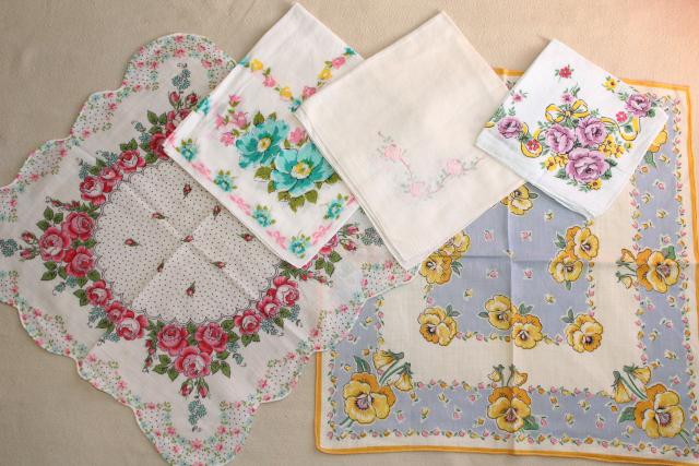 photo of huge lot vintage hankies w/ flower prints, 50 pretty printed cotton handkerchiefs #12