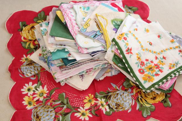 photo of huge lot vintage hankies w/ flower prints, 50 pretty printed cotton handkerchiefs #1