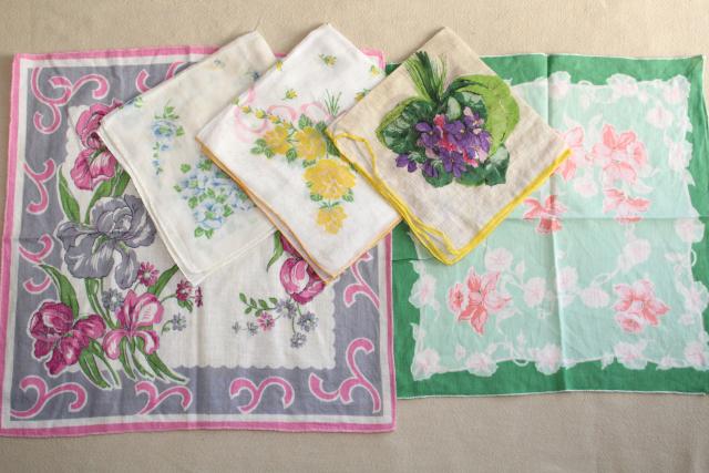 photo of huge lot vintage hankies w/ flower prints, 50 pretty printed cotton handkerchiefs #2