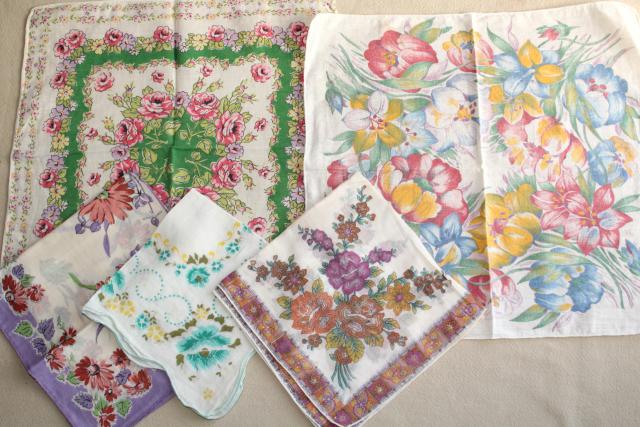 photo of huge lot vintage hankies w/ flower prints, 50 pretty printed cotton handkerchiefs #3