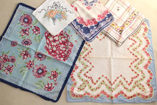 photo of huge lot vintage hankies w/ flower prints, 50 pretty printed cotton handkerchiefs #6