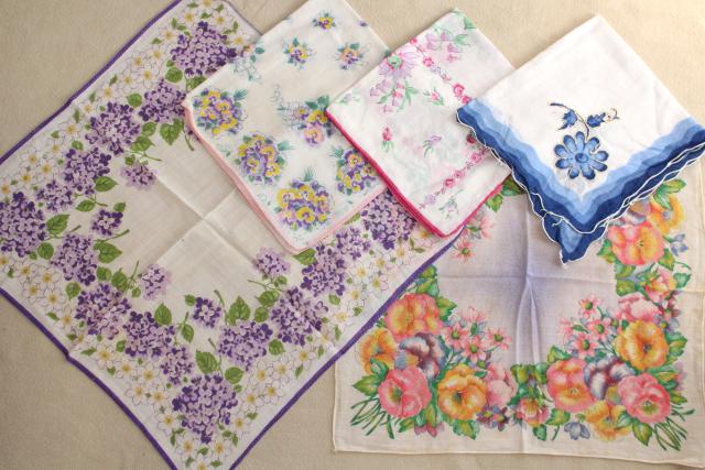 photo of huge lot vintage hankies w/ flower prints, 50 pretty printed cotton handkerchiefs #7