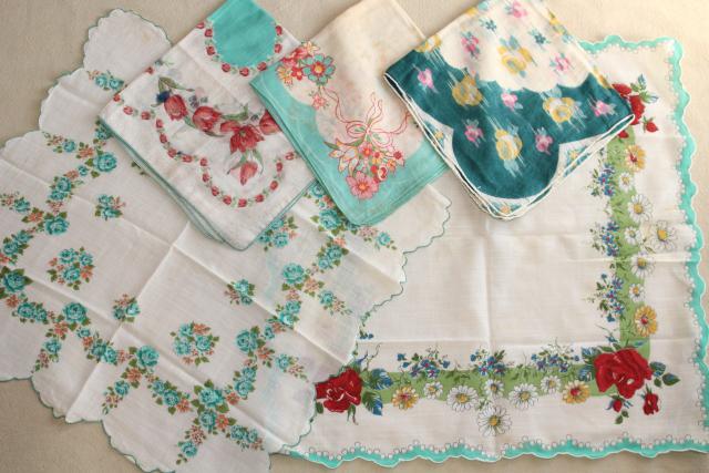 photo of huge lot vintage hankies w/ flower prints, 50 pretty printed cotton handkerchiefs #8