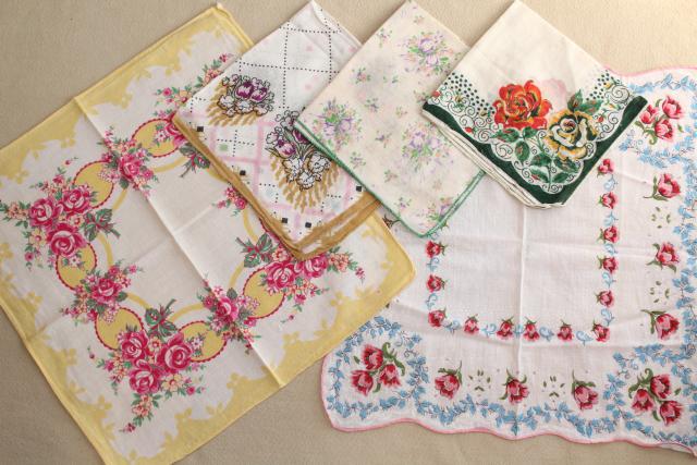 photo of huge lot vintage hankies w/ flower prints, 50 pretty printed cotton handkerchiefs #9