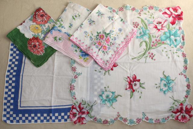 photo of huge lot vintage hankies w/ flower prints, 50 pretty printed cotton handkerchiefs #10