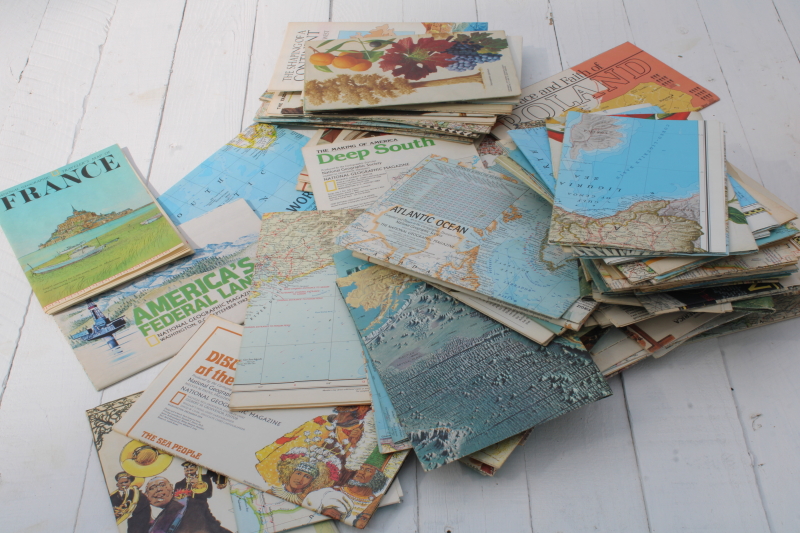photo of huge lot vintage maps, nearly 100 old National Geographic magazine maps for framing, craft paper projects  #1