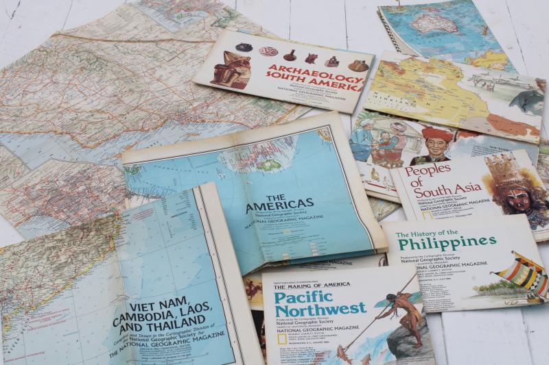 photo of huge lot vintage maps, nearly 100 old National Geographic magazine maps for framing, craft paper projects #2