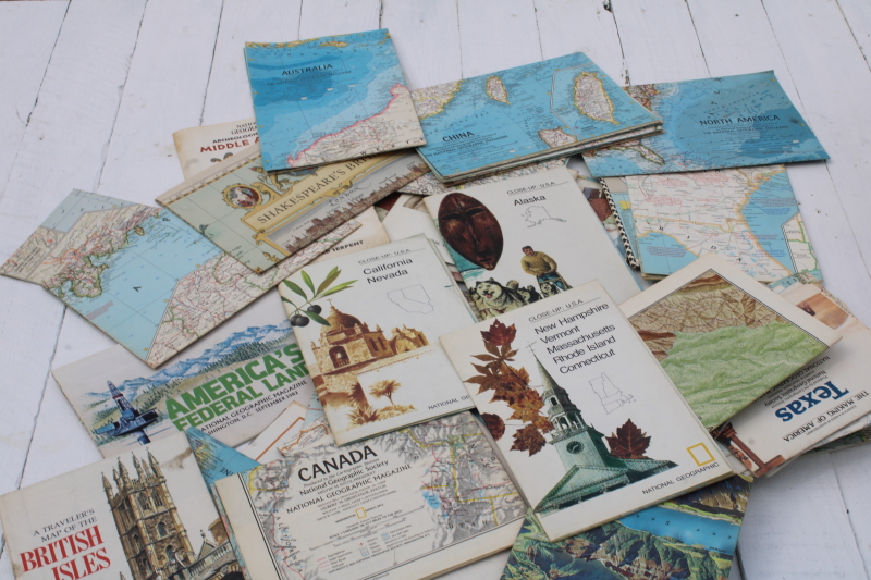 photo of huge lot vintage maps, nearly 100 old National Geographic magazine maps for framing, craft paper projects #7
