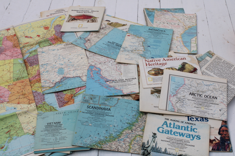 photo of huge lot vintage maps, nearly 100 old National Geographic magazine maps for framing, craft paper projects #9