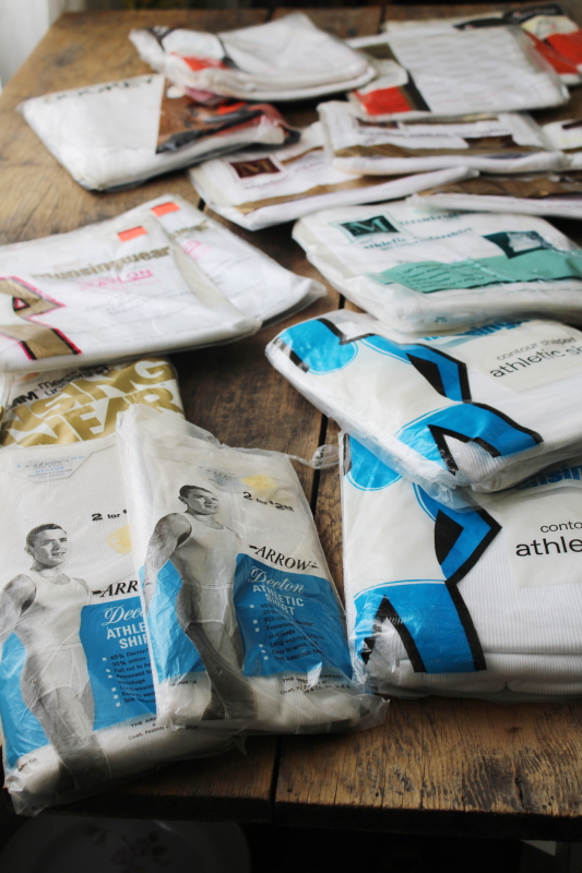 photo of huge lot vintage men's plain white tank undershirts deadstock in original packages, small & medium sizes #1