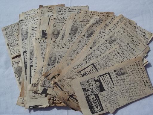 photo of huge lot vintage newspaper clippings, Aunt Em's recipe columns 40s and 50s #1