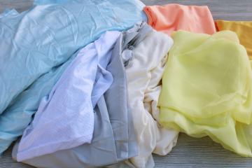 catalog photo of huge lot vintage nylon and poly tricot fabric, retro colors sheer light fabrics for lingerie sewing 
