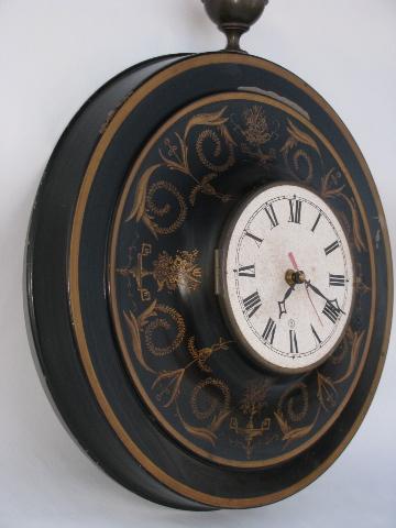 photo of huge mid-century vintage black & gold tole wall clock #4