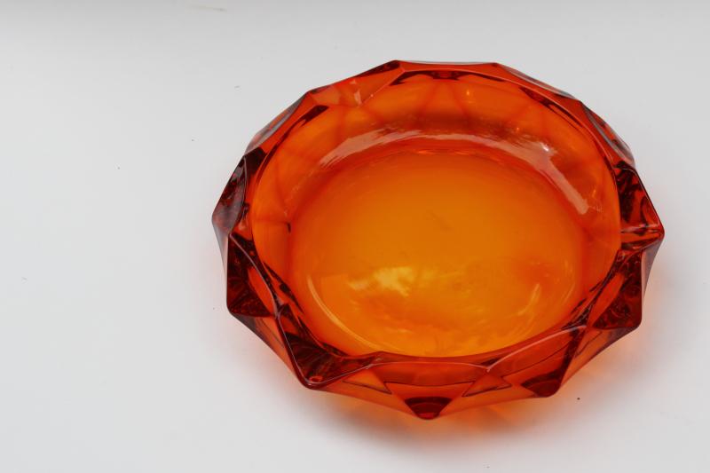 photo of huge mod orange glass ashtray w/ faceted gem shape, 70s vintage Viking glass  #1