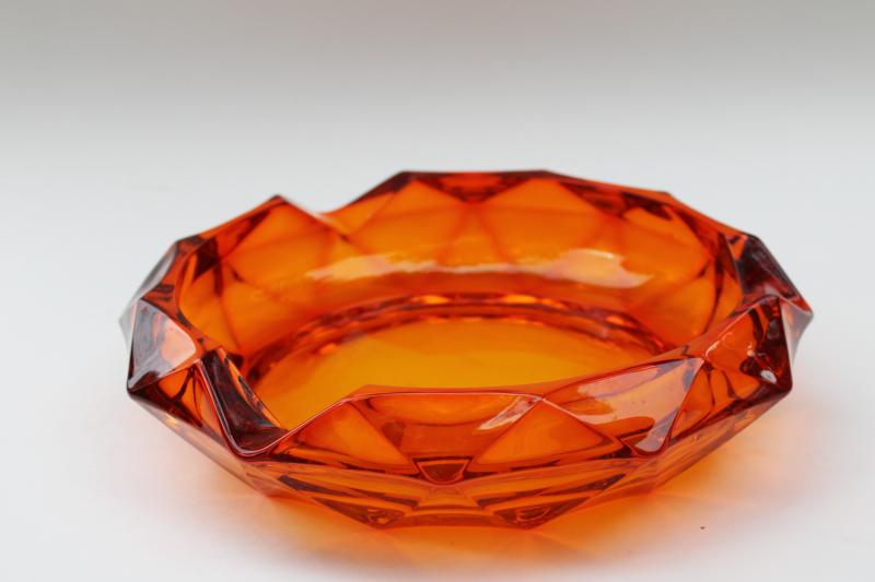 photo of huge mod orange glass ashtray w/ faceted gem shape, 70s vintage Viking glass  #2