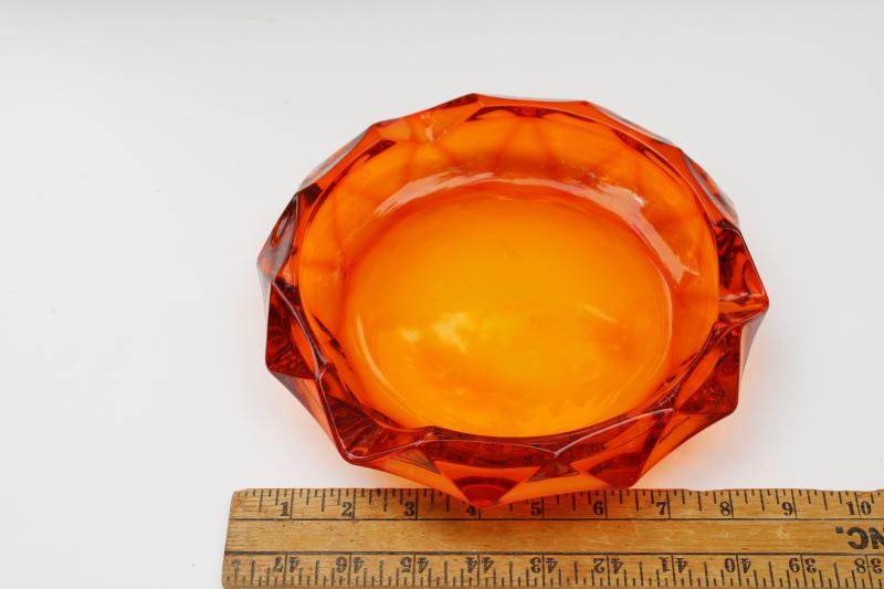 photo of huge mod orange glass ashtray w/ faceted gem shape, 70s vintage Viking glass  #3