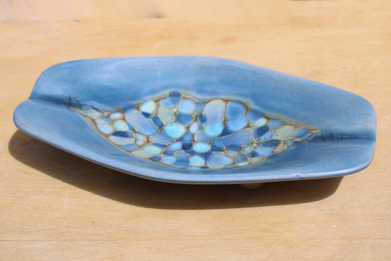 photo of huge mod vintage ashtray, Madeline Originals California pottery drip glaze bowl cool blues #1