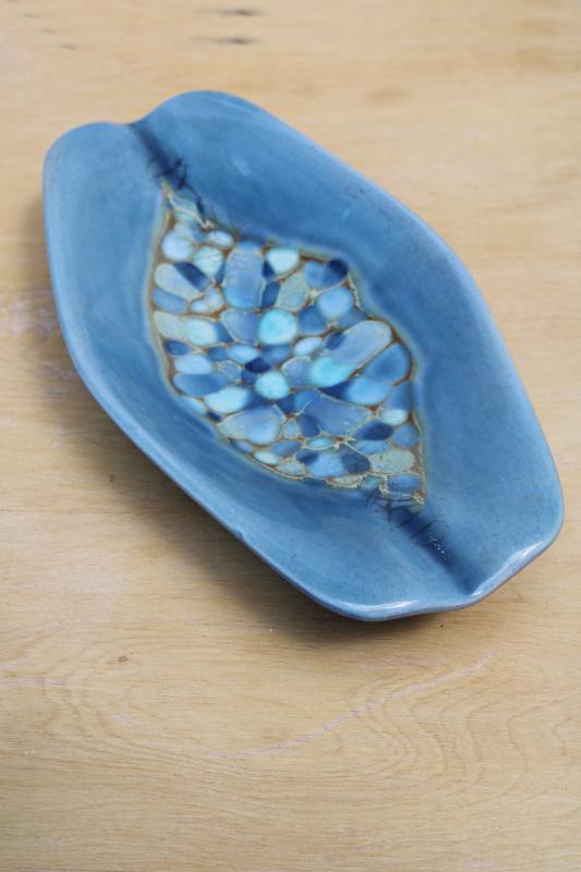 photo of huge mod vintage ashtray, Madeline Originals California pottery drip glaze bowl cool blues #3