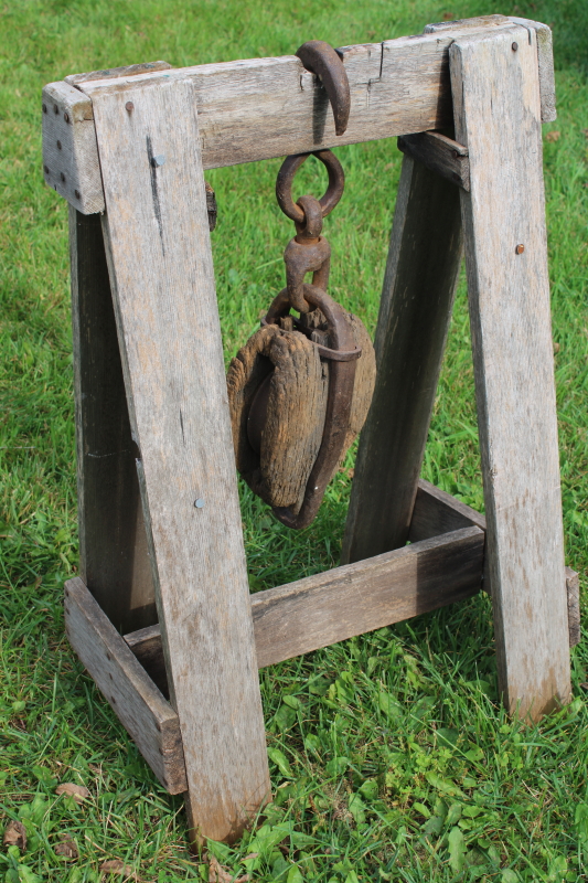 photo of huge old antique pulley, blacksmith hand forged iron w/ hook, worn weathered wood  #1