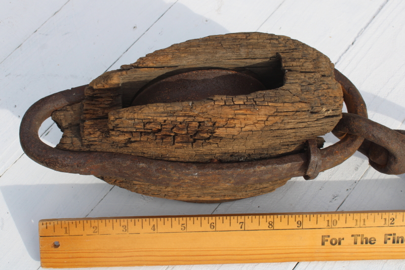 photo of huge old antique pulley, blacksmith hand forged iron w/ hook, worn weathered wood  #3
